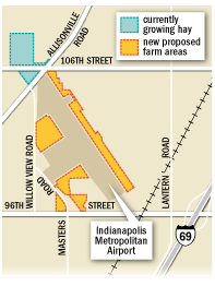 Map of Metropolitan Airport in Fishers showing areas proposed for farming