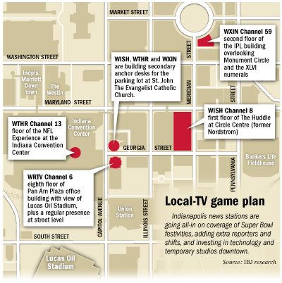 Map of satellite tv stations established for the Super Bowl