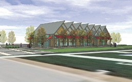 Rendering of glass barn exterior