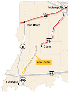 Map of proposed route of I69 in southern part of state