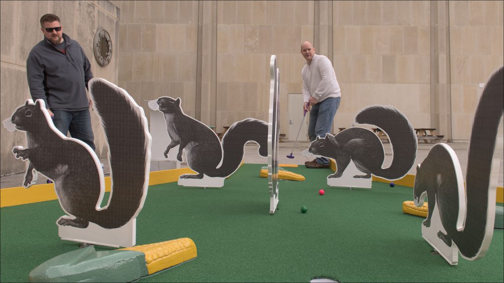 HOLE 1, Par 3  Indiana's Great Squirrel Invasion of 1822  Chad Eby, IUPUI assistant professor, and Beth Eby, architect  You can play defense by strategically moving a squirrel to block opponents instead of taking a shot. But this early, better to work on your own game.