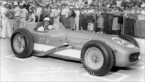 Elmer George, Mari Hulman George's new husband, in 1957, his first of three Indianapolis 500 races. George died in a shootout the night of the 1976 Indy 500.