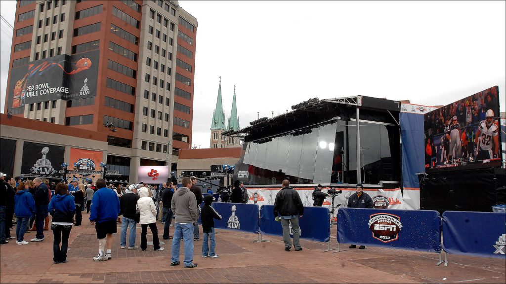 ESPN is broadcasting 110 hours of programming from its mobile studio in Pan Am Plaza, near the Super Bowl action.